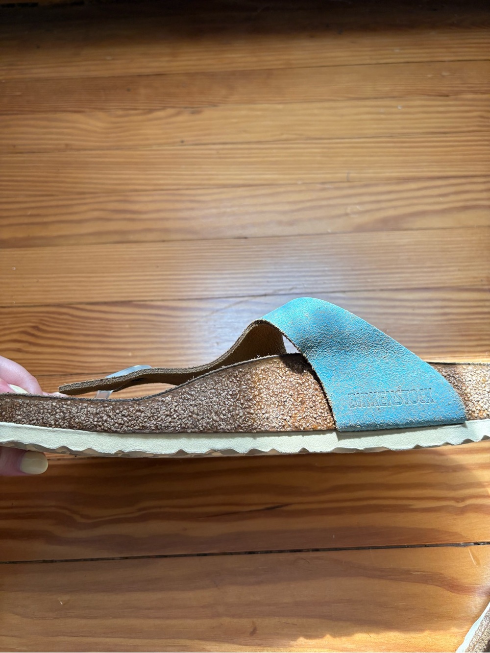 Women’s Birkenstock Leather Gizeh Washed Metallic Aqua Sandals - Picture 7 of 8
